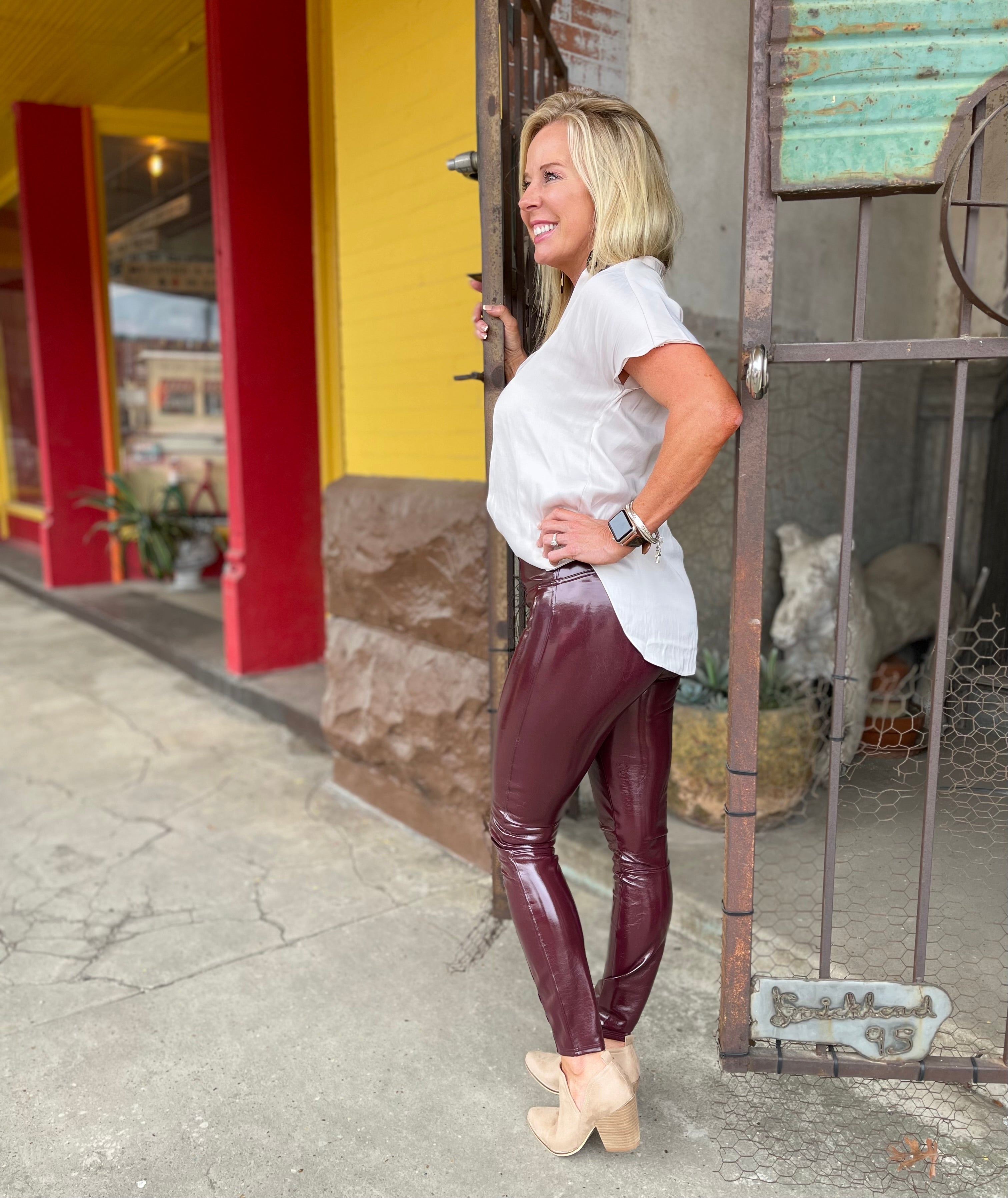 Spanx Wine Faux Patent Leather Leggings