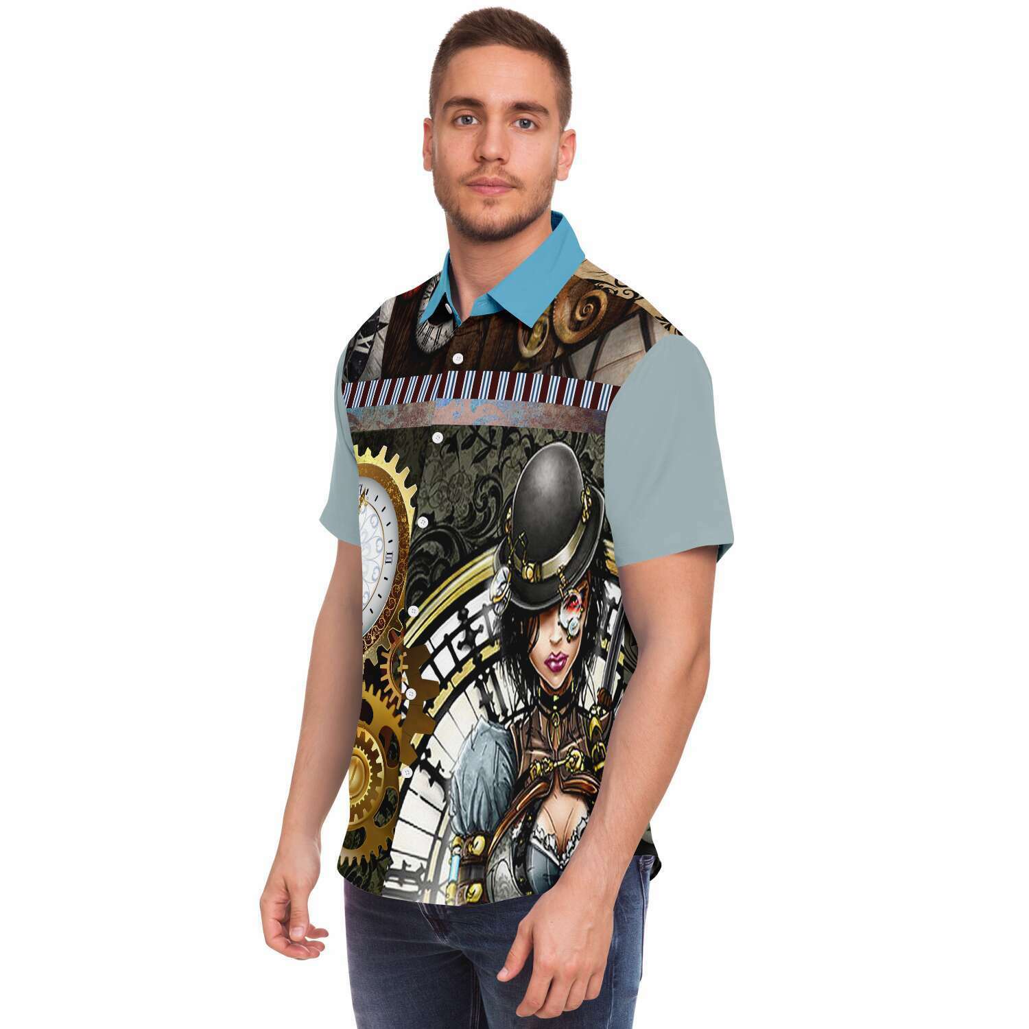 Steampunk Warrior Short Sleeve Button Down Shirt