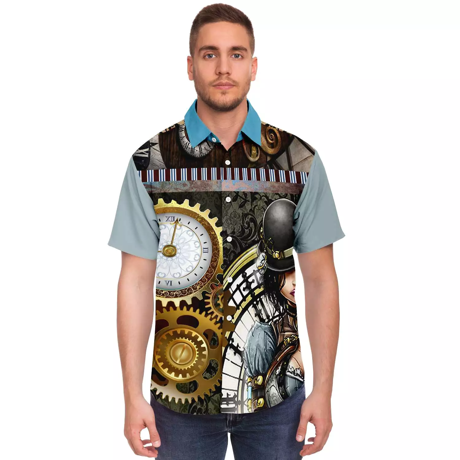 Steampunk Warrior Short Sleeve Button Down Shirt