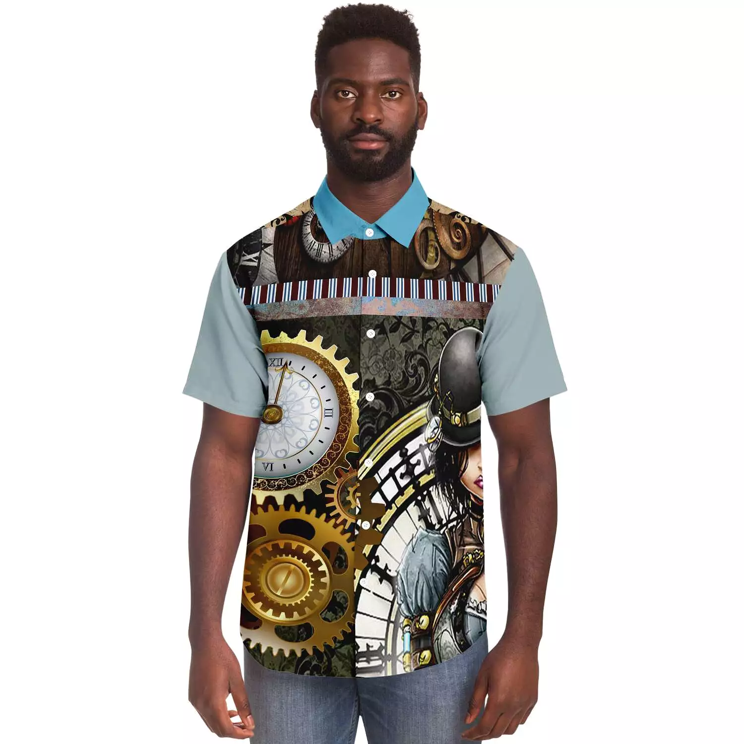 Steampunk Warrior Short Sleeve Button Down Shirt