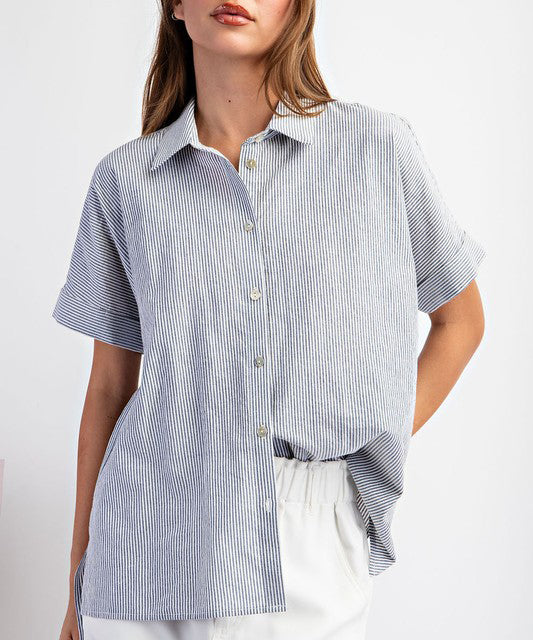 Navy striped button-down blouse.