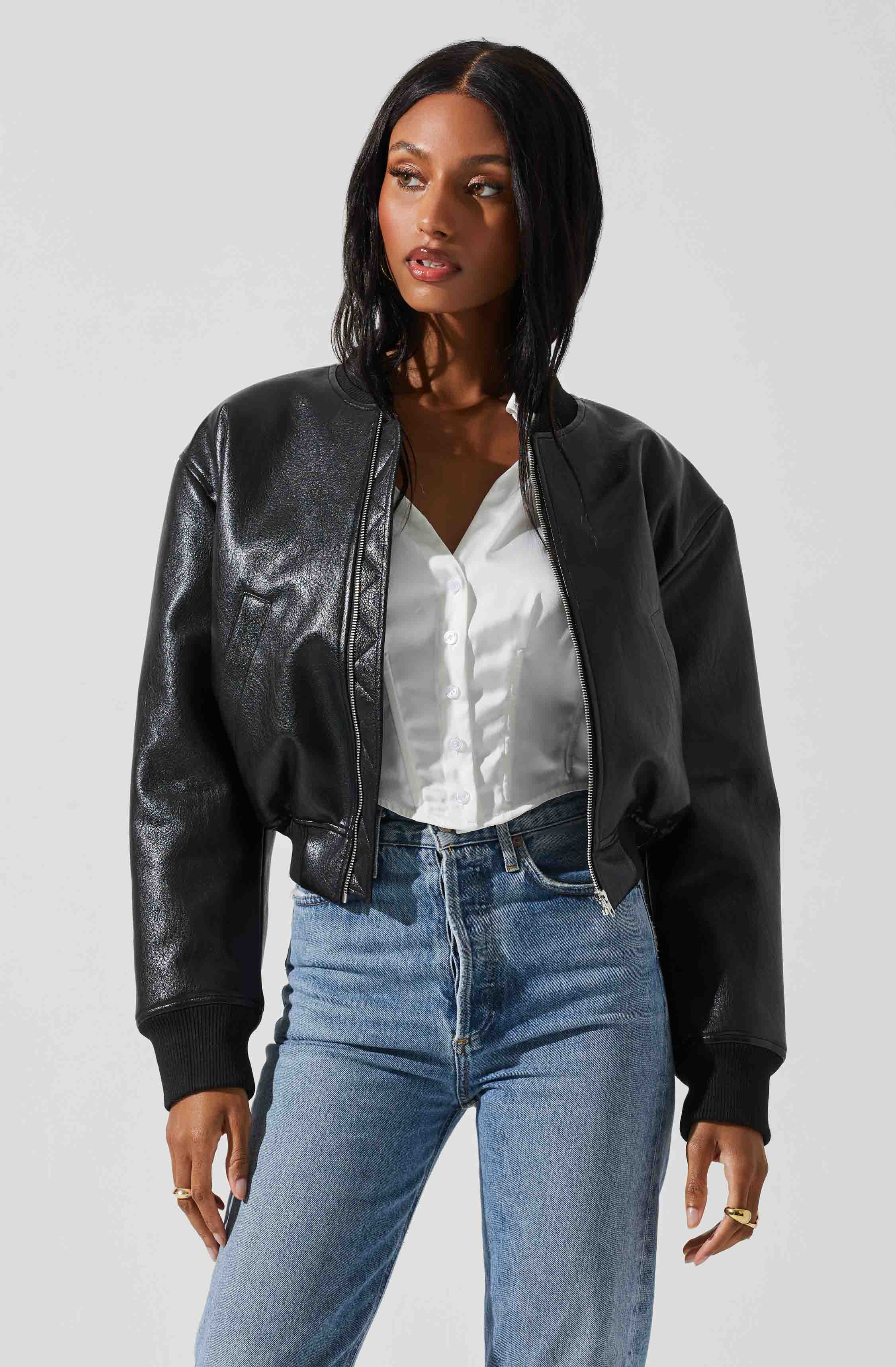 Stylish Faux Leather Bomber Jacket - Avianna