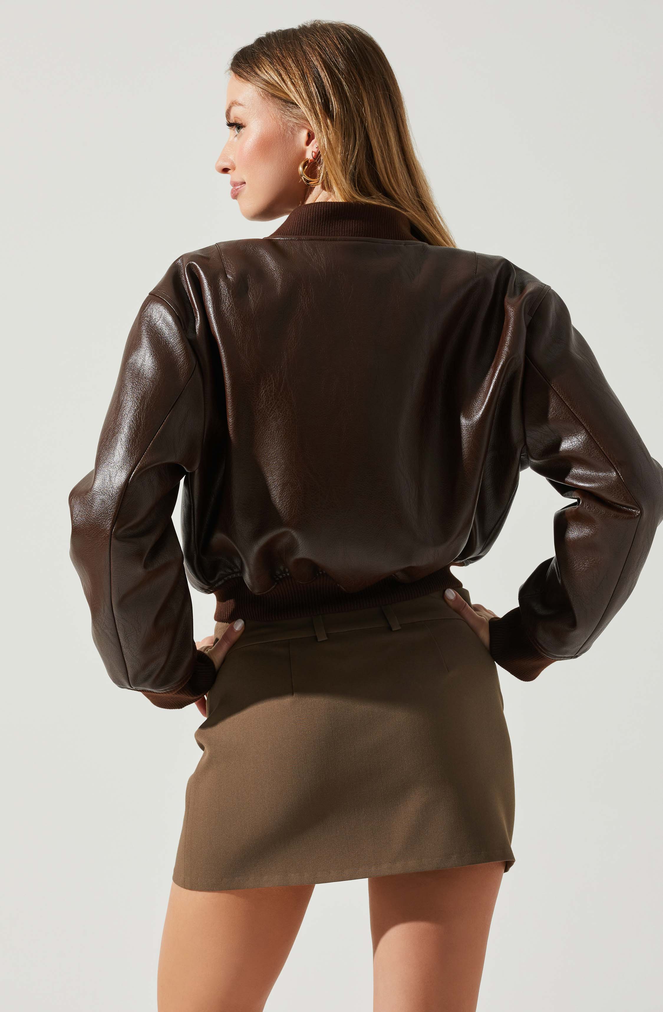 Stylish Faux Leather Bomber Jacket - Avianna