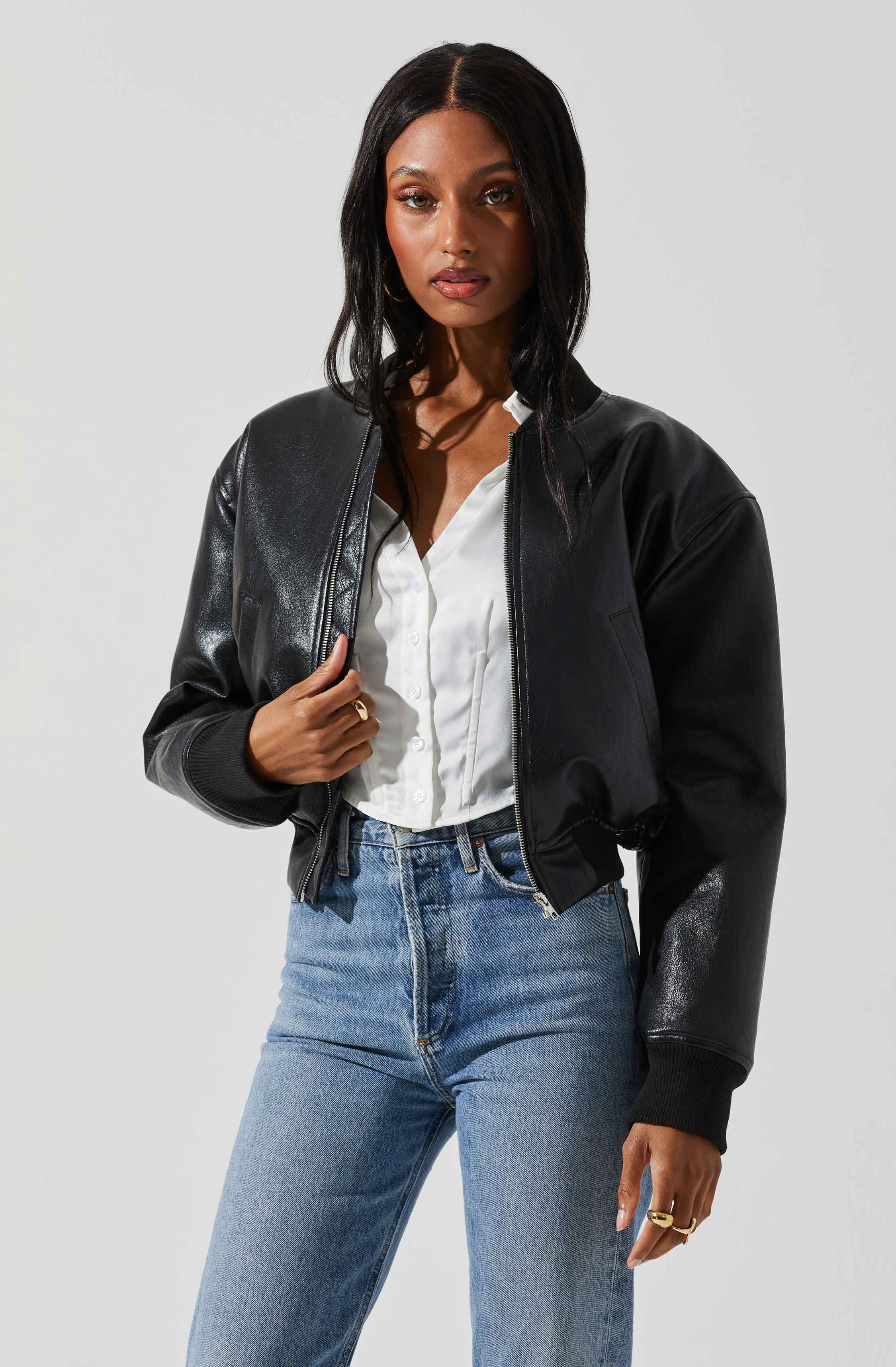 Stylish Faux Leather Bomber Jacket - Avianna