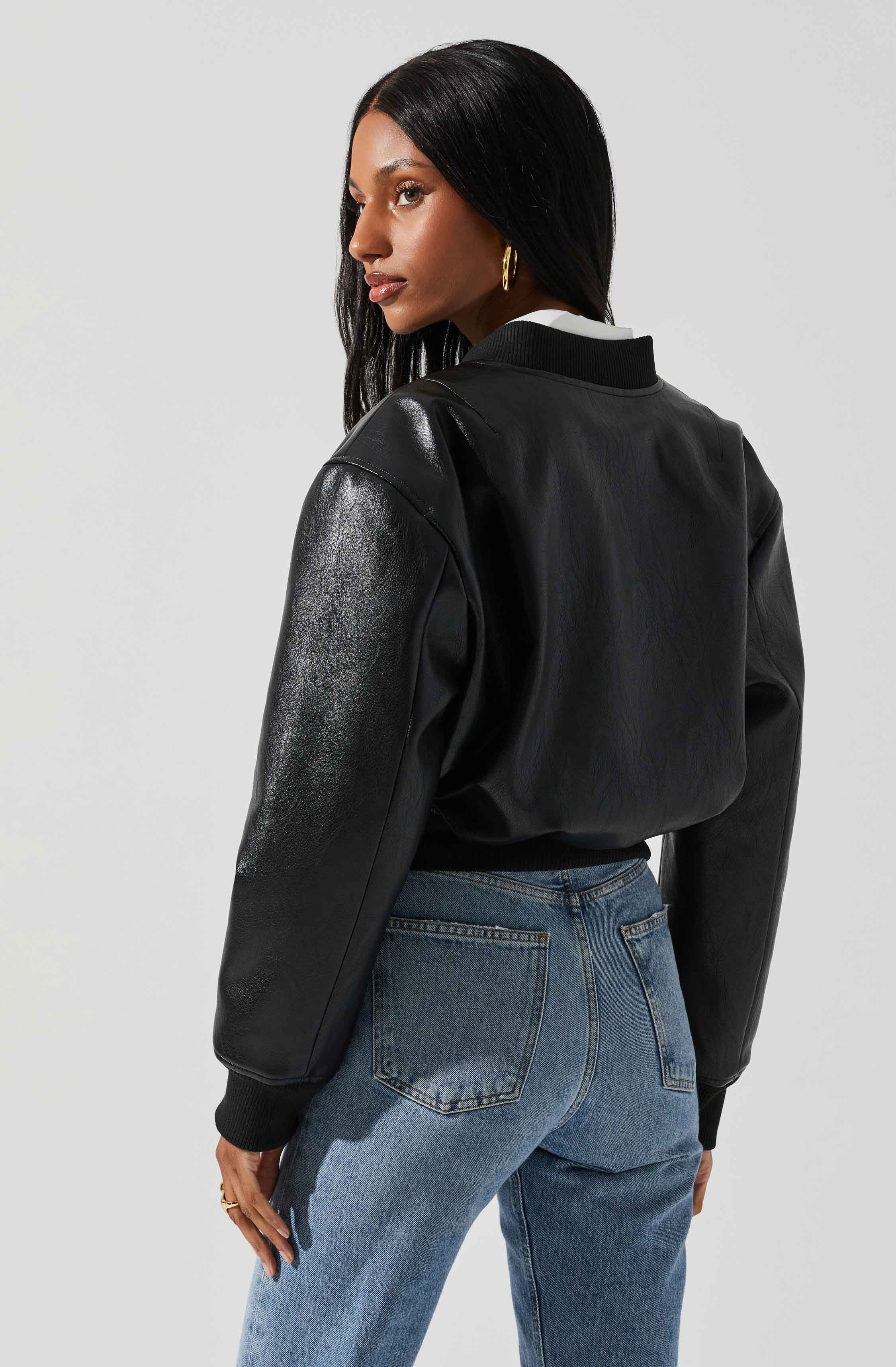 Stylish Faux Leather Bomber Jacket - Avianna