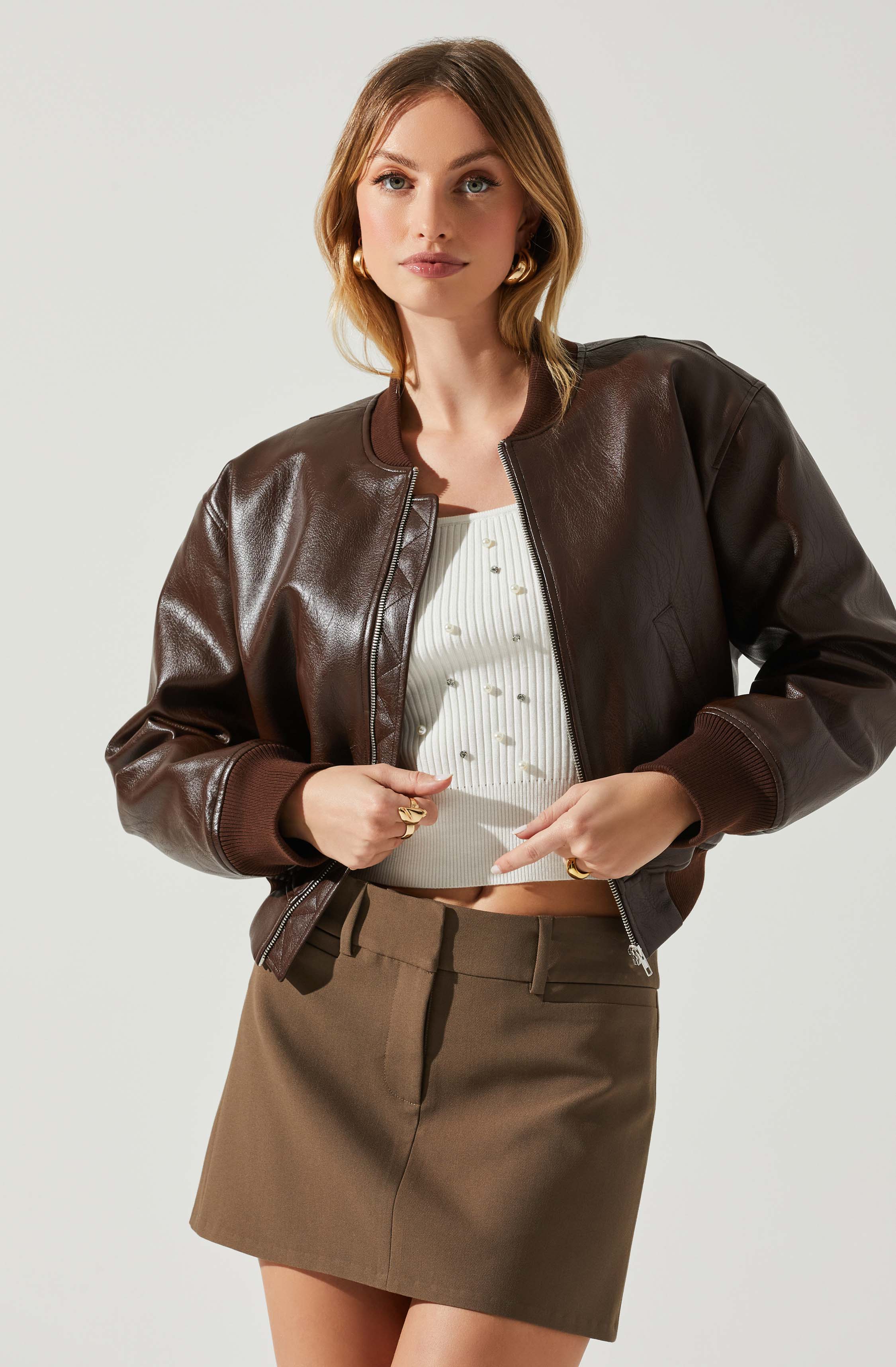 Stylish Faux Leather Bomber Jacket - Avianna