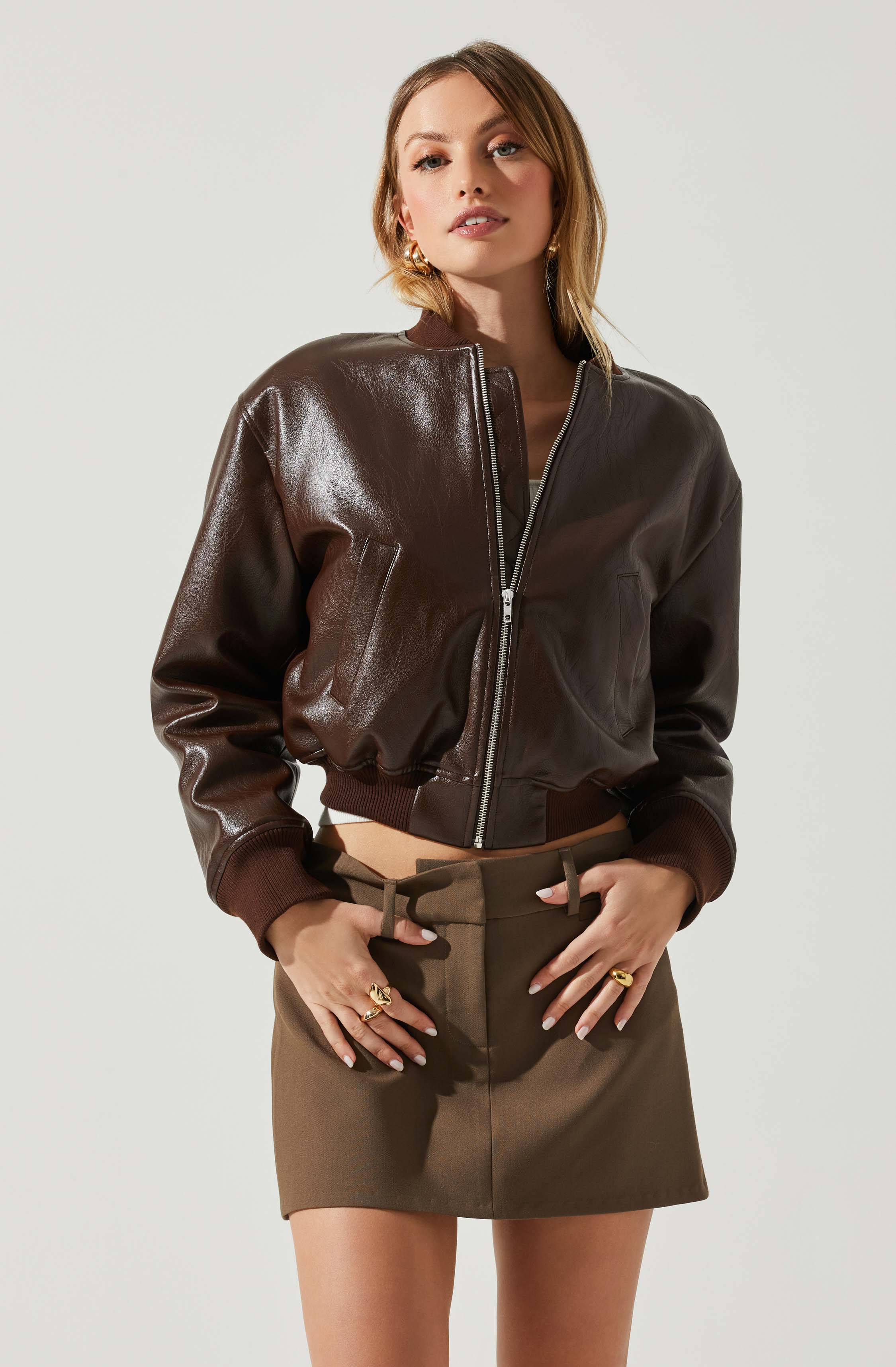 Stylish Faux Leather Bomber Jacket - Avianna