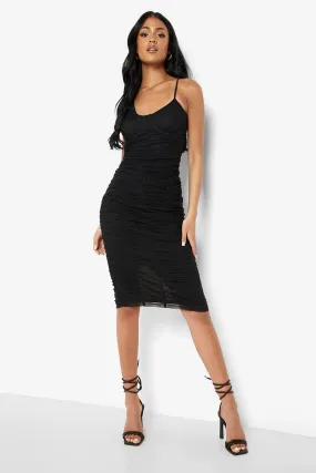 Tall Midi Dress with Asymmetric Ruche and Mesh Corset