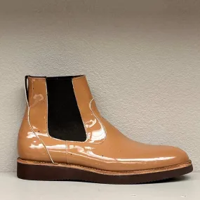 Tan Patent Leather Chelsea Boot, Slip-On with Dark Accents and Rubber Sole