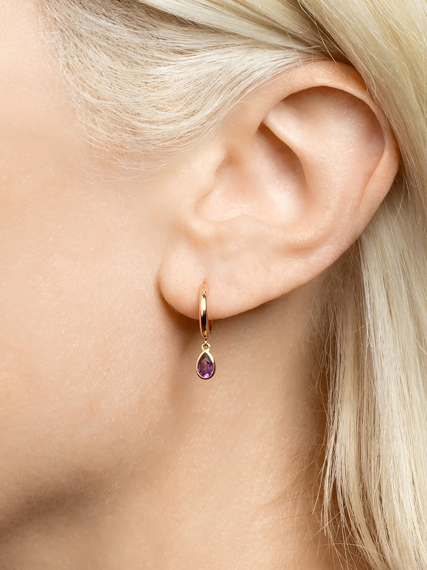 Teardrop Slim Hoop Amethyst 14k Yellow Gold