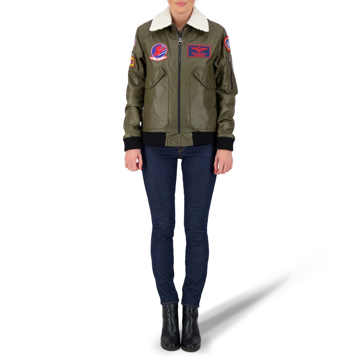 TOP GUN Vegan Leather Bomber Jacket - MILITARY GREEN