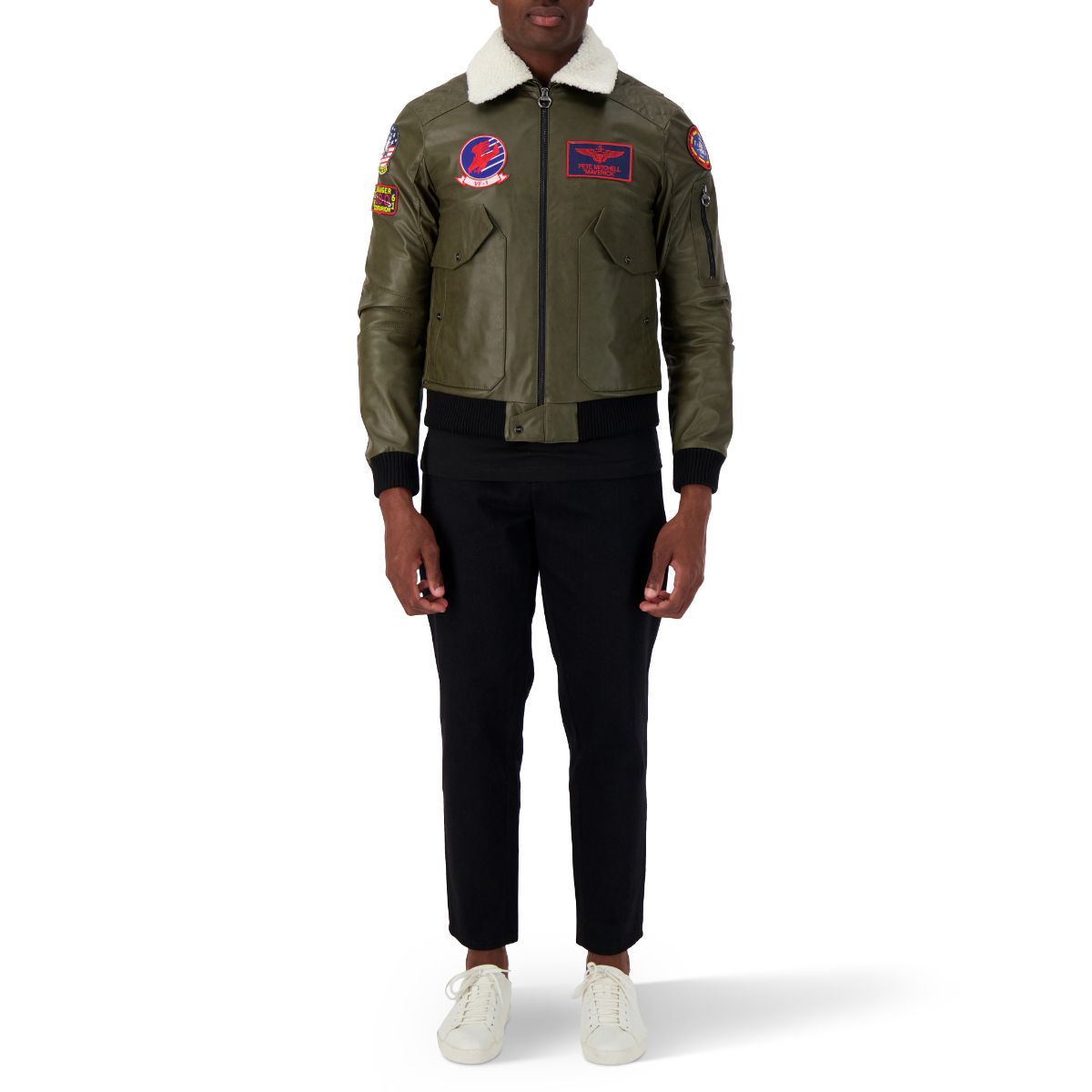 TOP GUN Vegan Leather Bomber Jacket - MILITARY GREEN