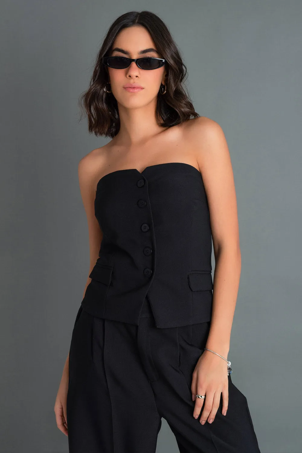 Buttoned Straight Fit Strapless Top