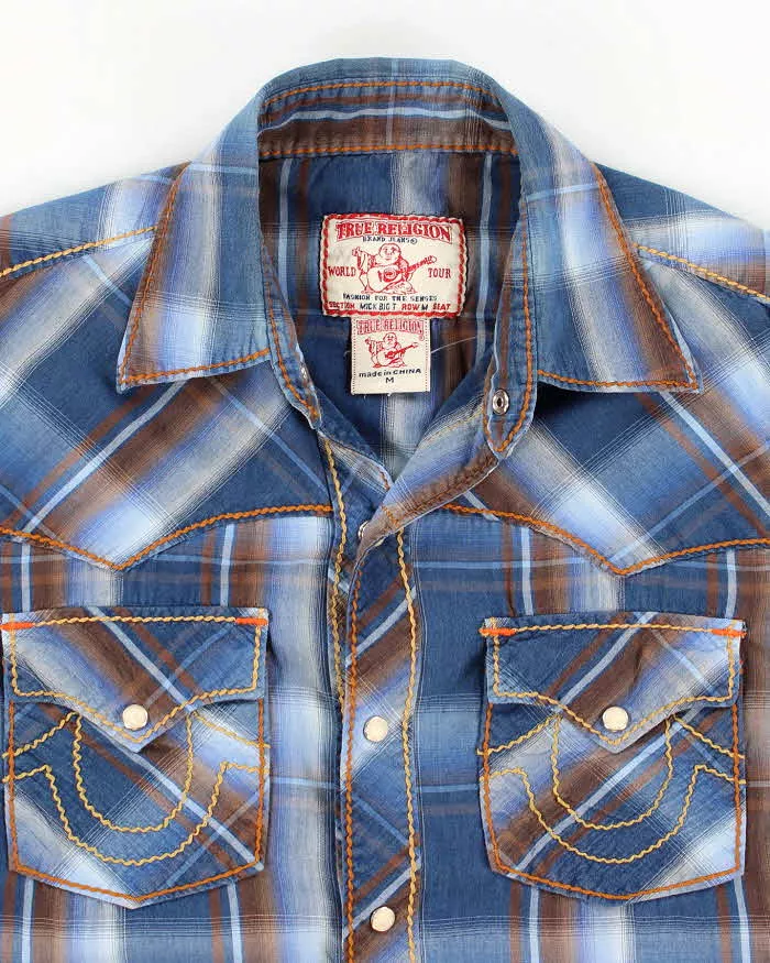 True Religion Plaid Western Shirt, Vintage Style, Size Medium, 2000s-inspired Fashion.