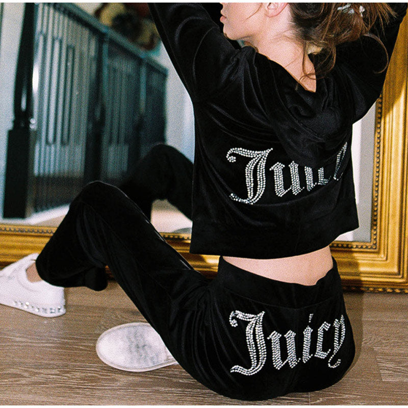 Two Piece Solid Hoodie Tracksuit with Letter and Diamond Details - Ladies Sweatshirts with Zippers.