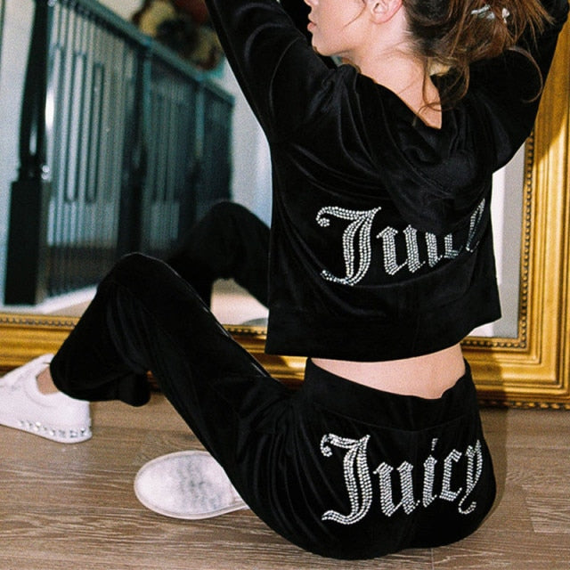 Two Piece Solid Hoodie Tracksuit with Letter and Diamond Details - Ladies Sweatshirts with Zippers.