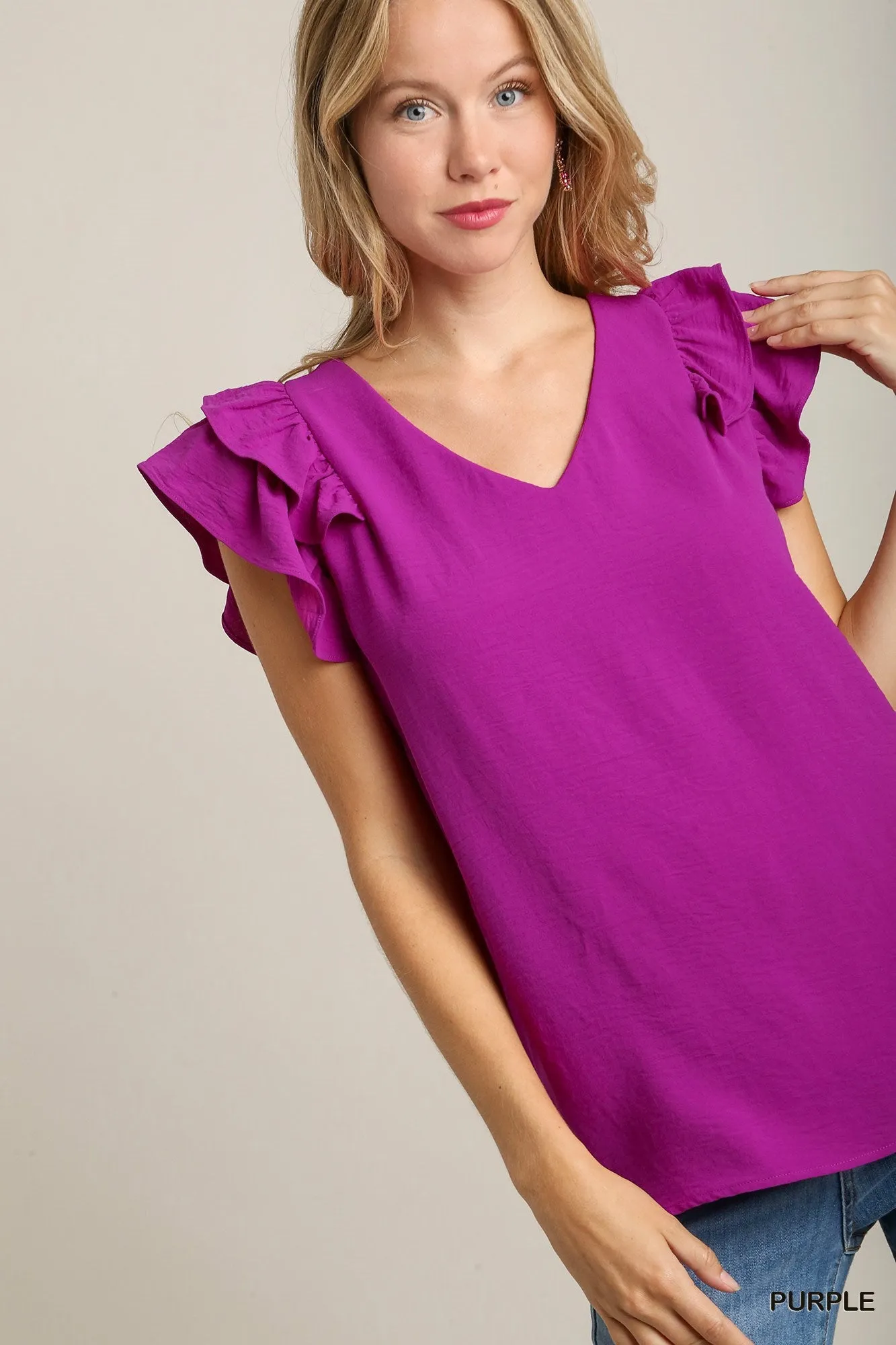 Umgee Purple Flutter Sleeve Top Trending Fashion Item