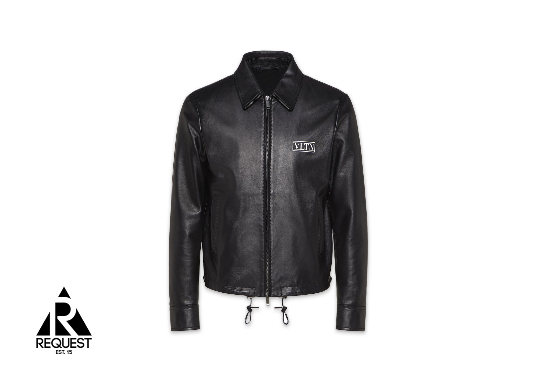 Valentino Garavani black leather jacket with VLTN logo tag.