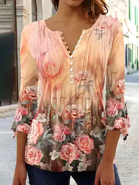 Orange Floral Button-Down Shirt with 3/4 Sleeves