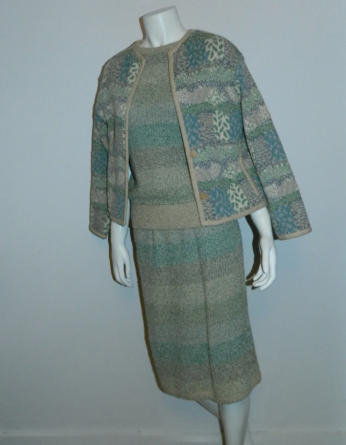 Vintage MISSONI Knit Suit 1980s Pencil Skirt Sweater Cardigan Jacket Boucle Weave S