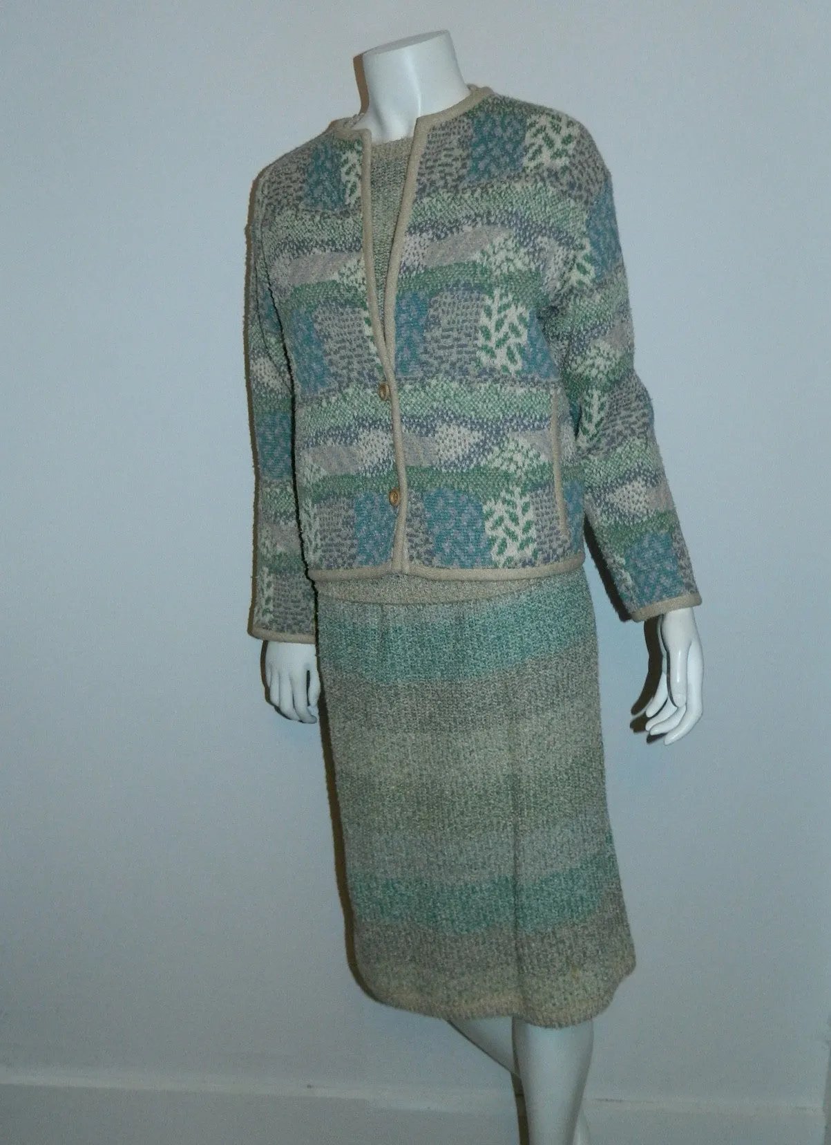 Vintage MISSONI Knit Suit 1980s Pencil Skirt Sweater Cardigan Jacket Boucle Weave S