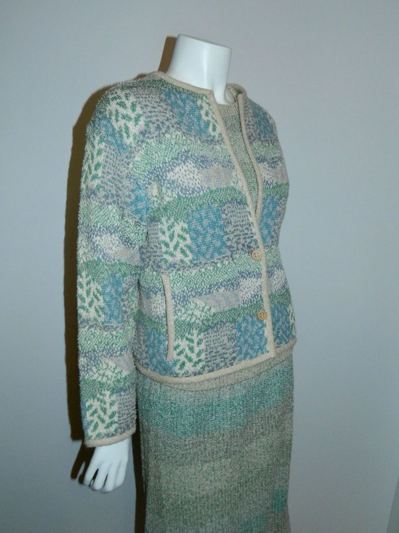 Vintage MISSONI Knit Suit 1980s Pencil Skirt Sweater Cardigan Jacket Boucle Weave S