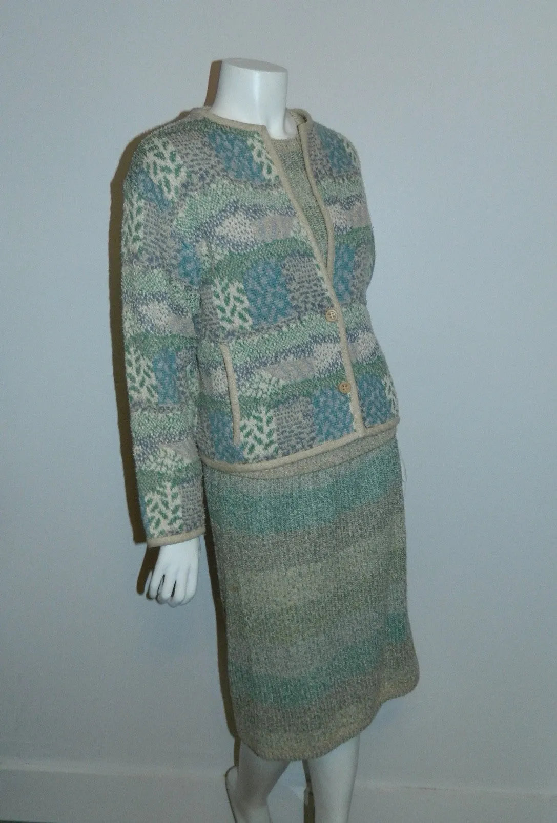 Vintage MISSONI Knit Suit 1980s Pencil Skirt Sweater Cardigan Jacket Boucle Weave S