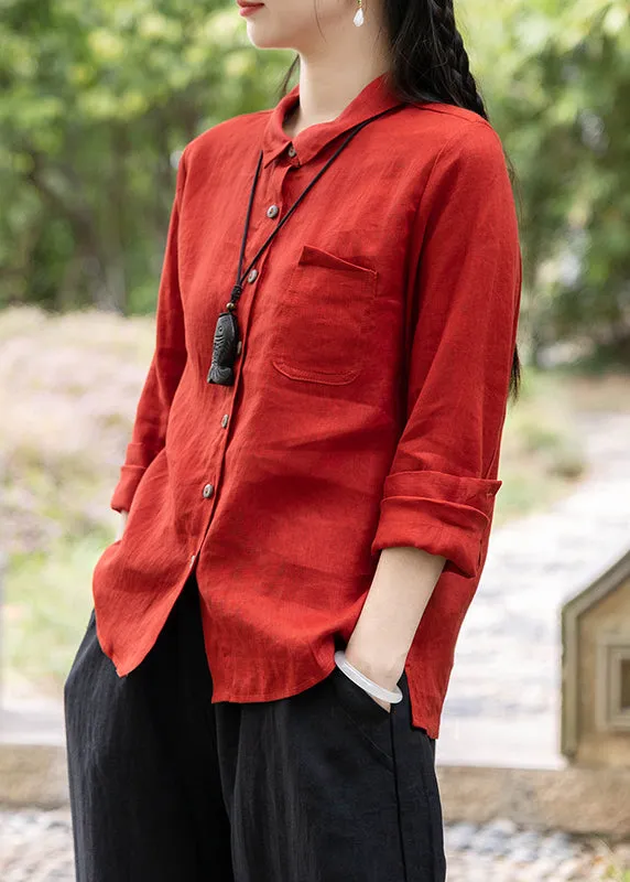 Vintage Red Spring Shirt with Peter Pan Collar Pockets