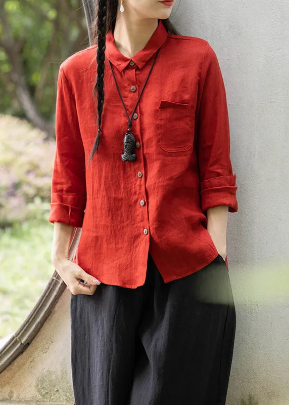 Vintage Red Spring Shirt with Peter Pan Collar Pockets