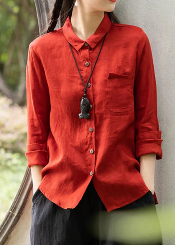 Vintage Red Spring Shirt with Peter Pan Collar Pockets