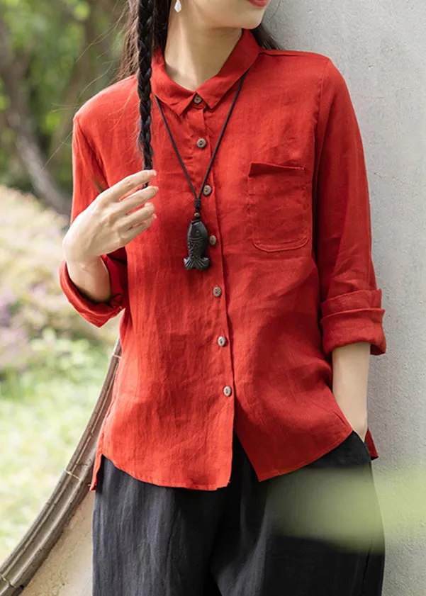 Vintage Red Spring Shirt with Peter Pan Collar Pockets