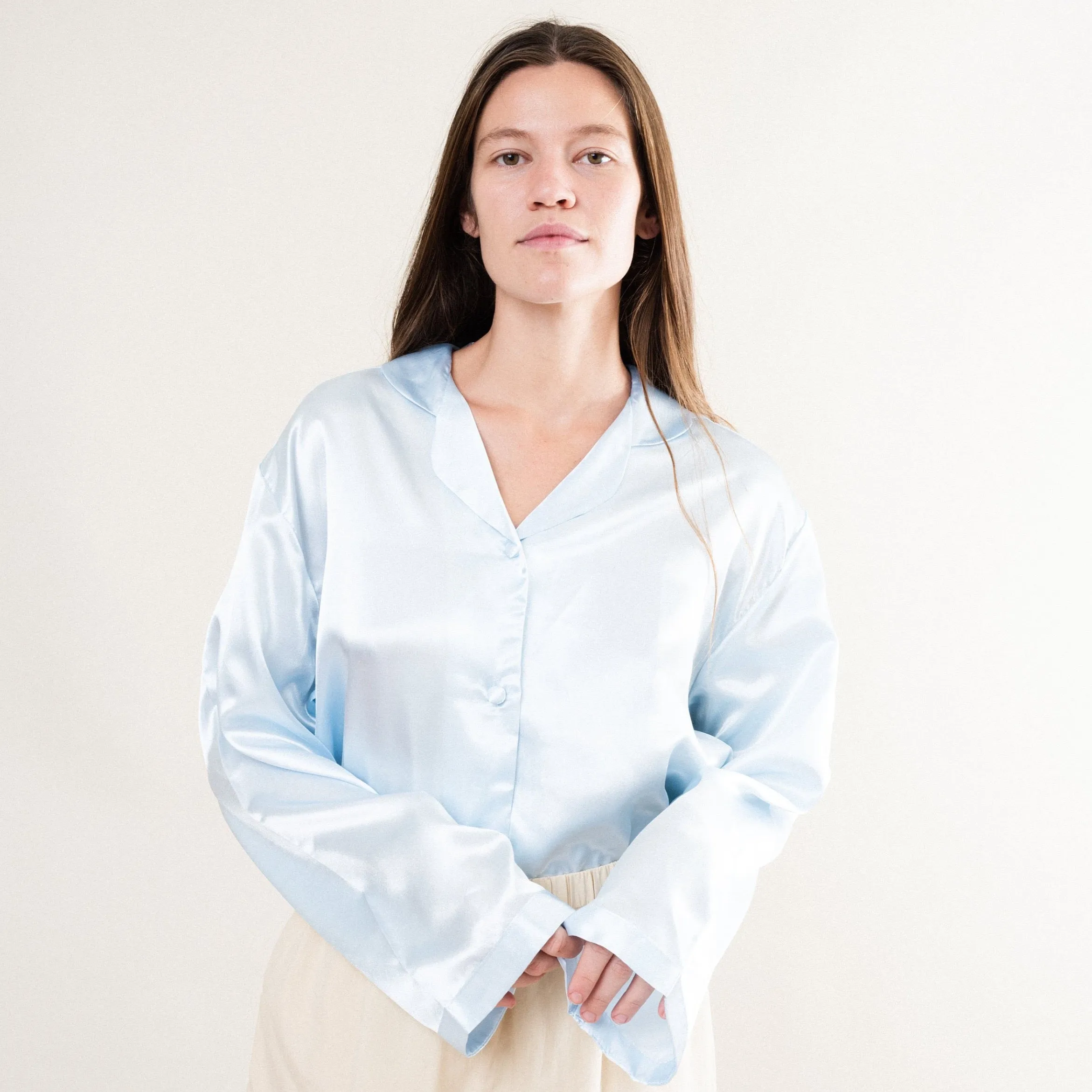 Vintage Silk Satin Blouse - Baby Blue - Size S/M