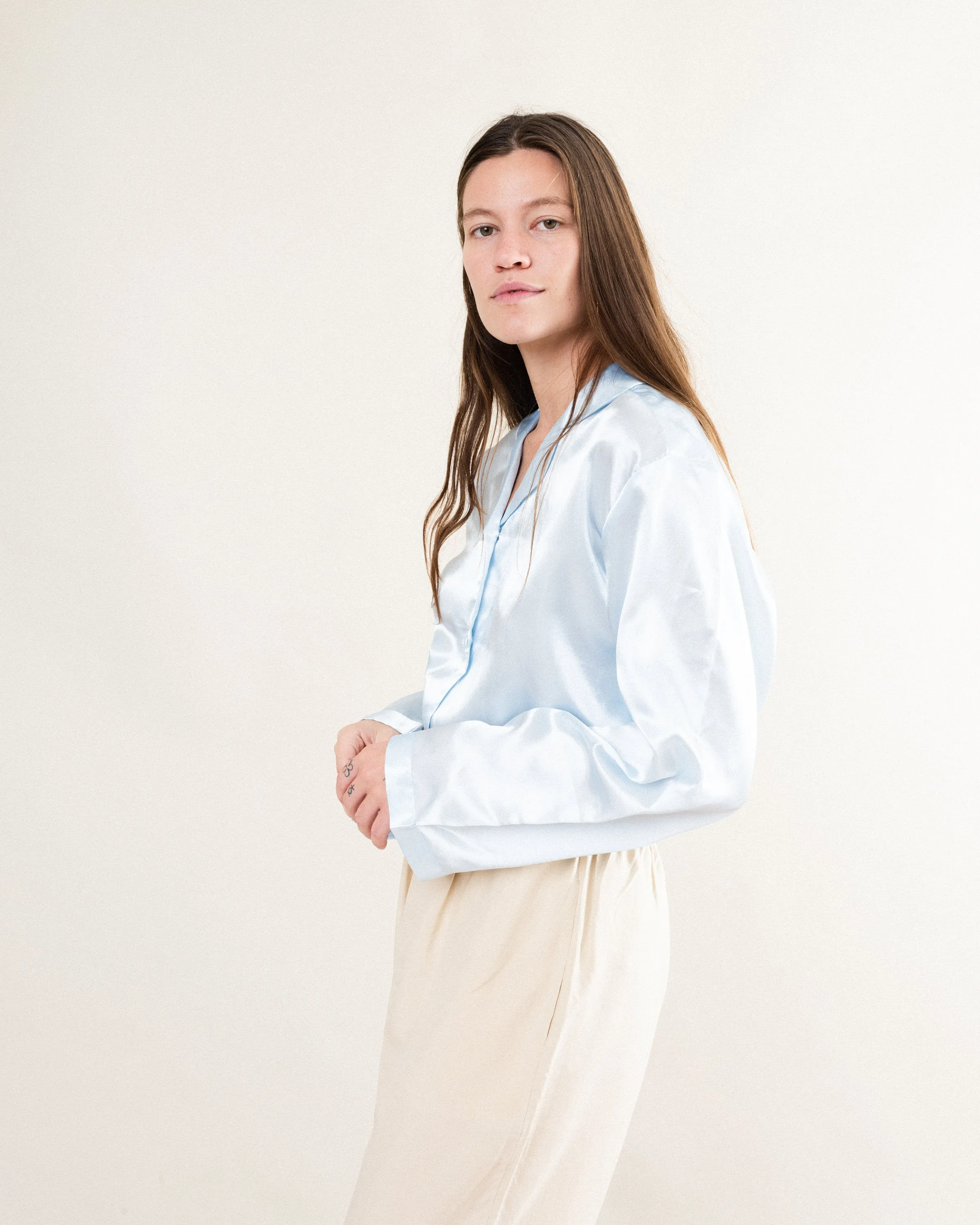 Vintage Silk Satin Blouse - Baby Blue - Size S/M