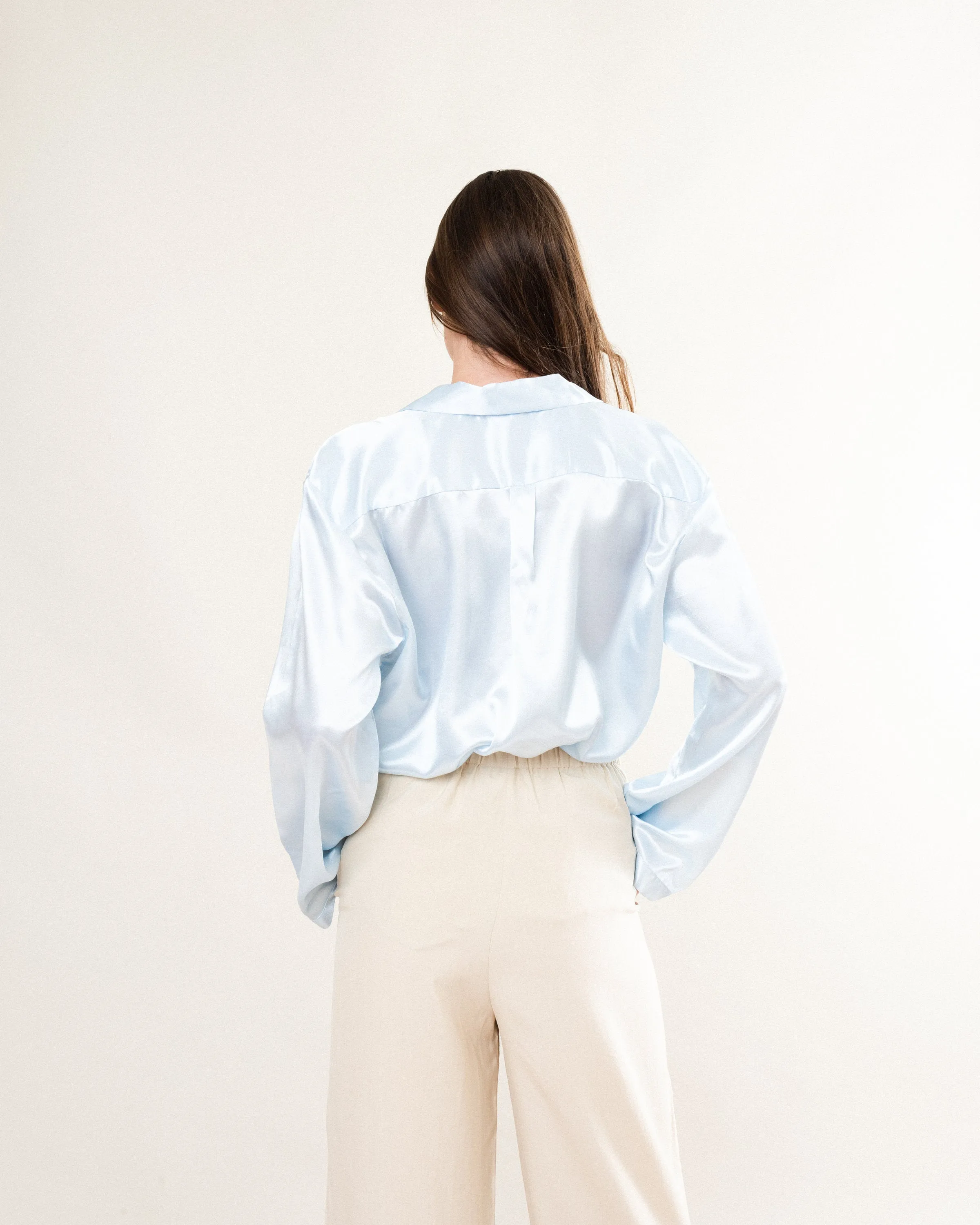 Vintage Silk Satin Blouse - Baby Blue - Size S/M