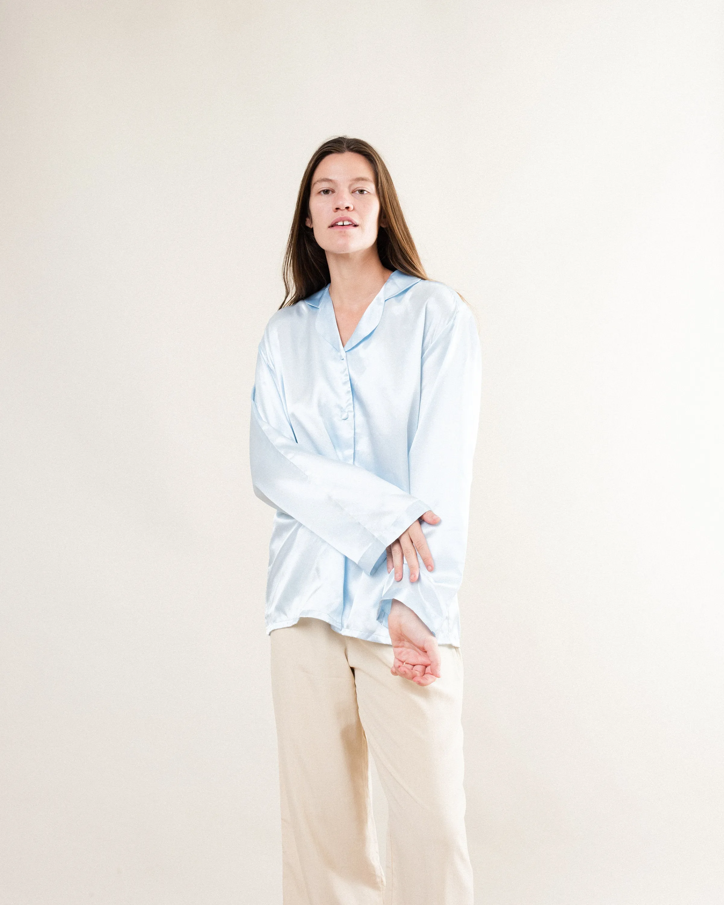 Vintage Silk Satin Blouse - Baby Blue - Size S/M