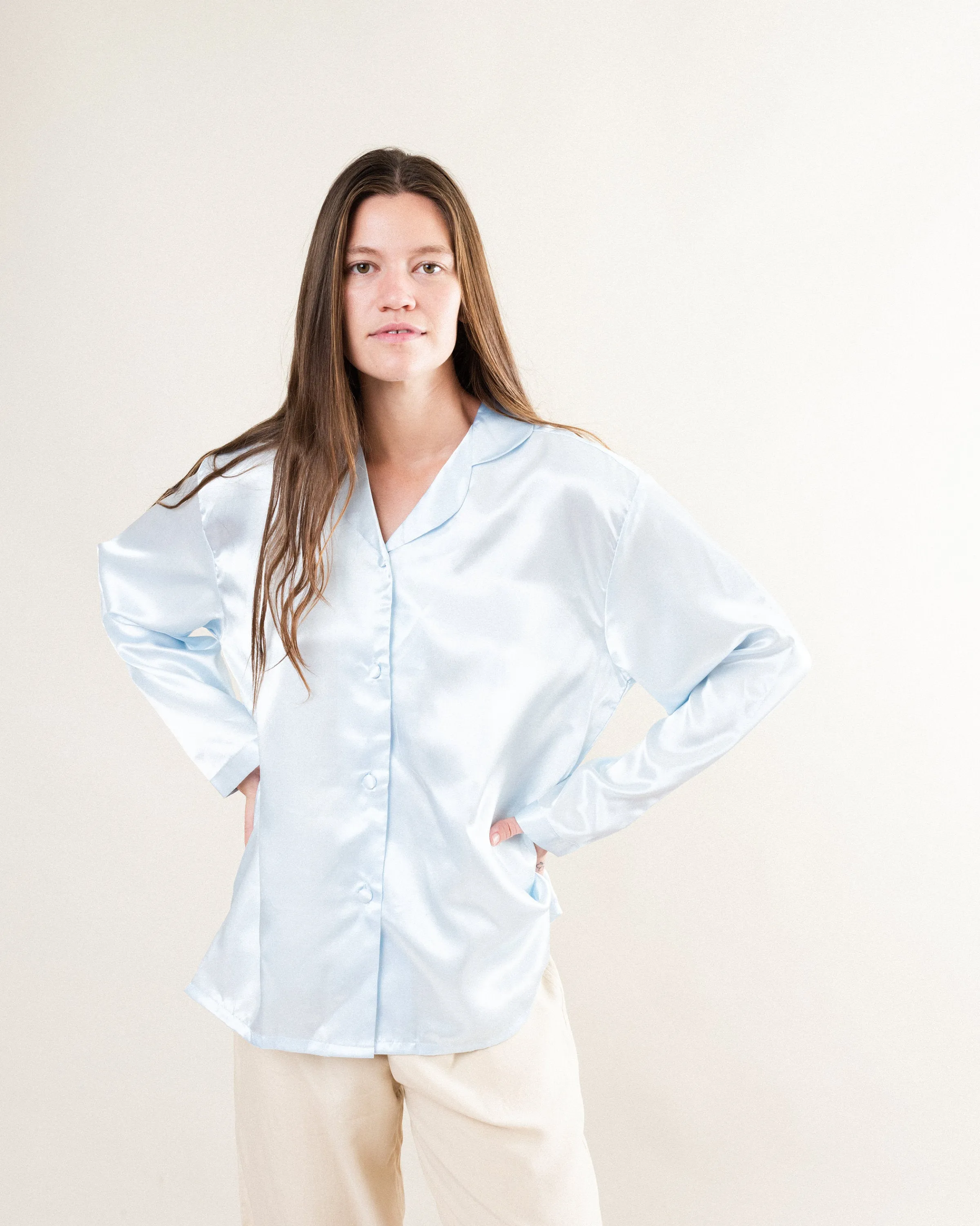 Vintage Silk Satin Blouse - Baby Blue - Size S/M