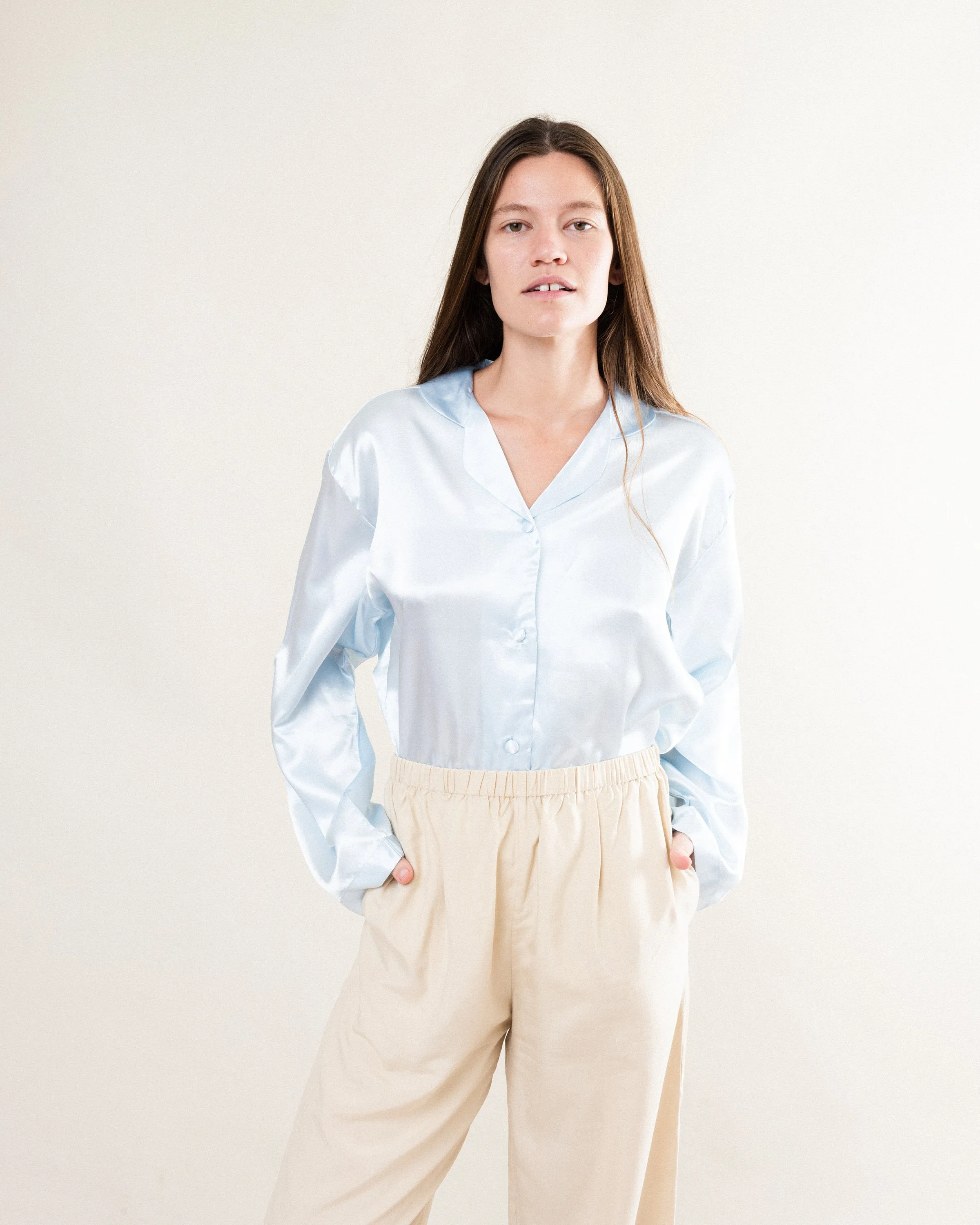 Vintage Silk Satin Blouse - Baby Blue - Size S/M