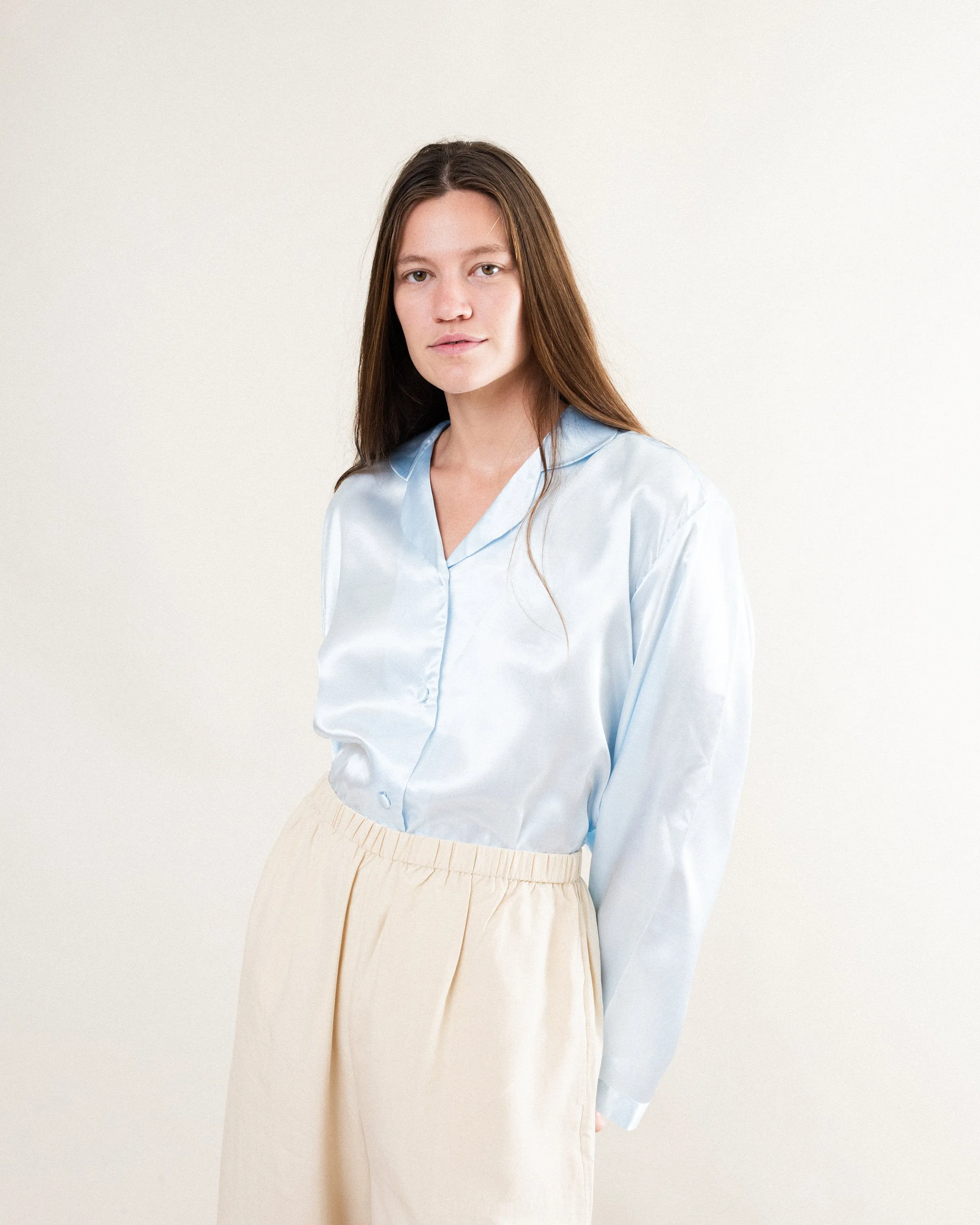 Vintage Silk Satin Blouse - Baby Blue - Size S/M