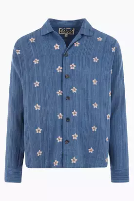 Violet Flower Embroidered Cotton Camp Shirt for Sale