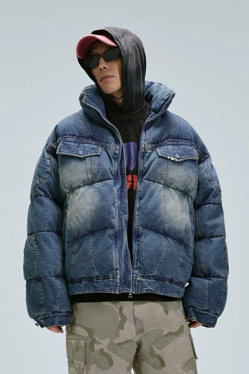 Washed Denim Puffer Coat