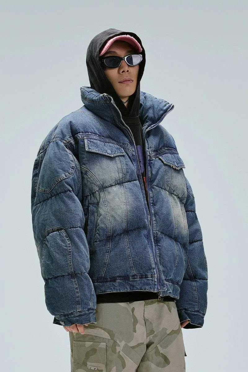 Washed Denim Puffer Coat