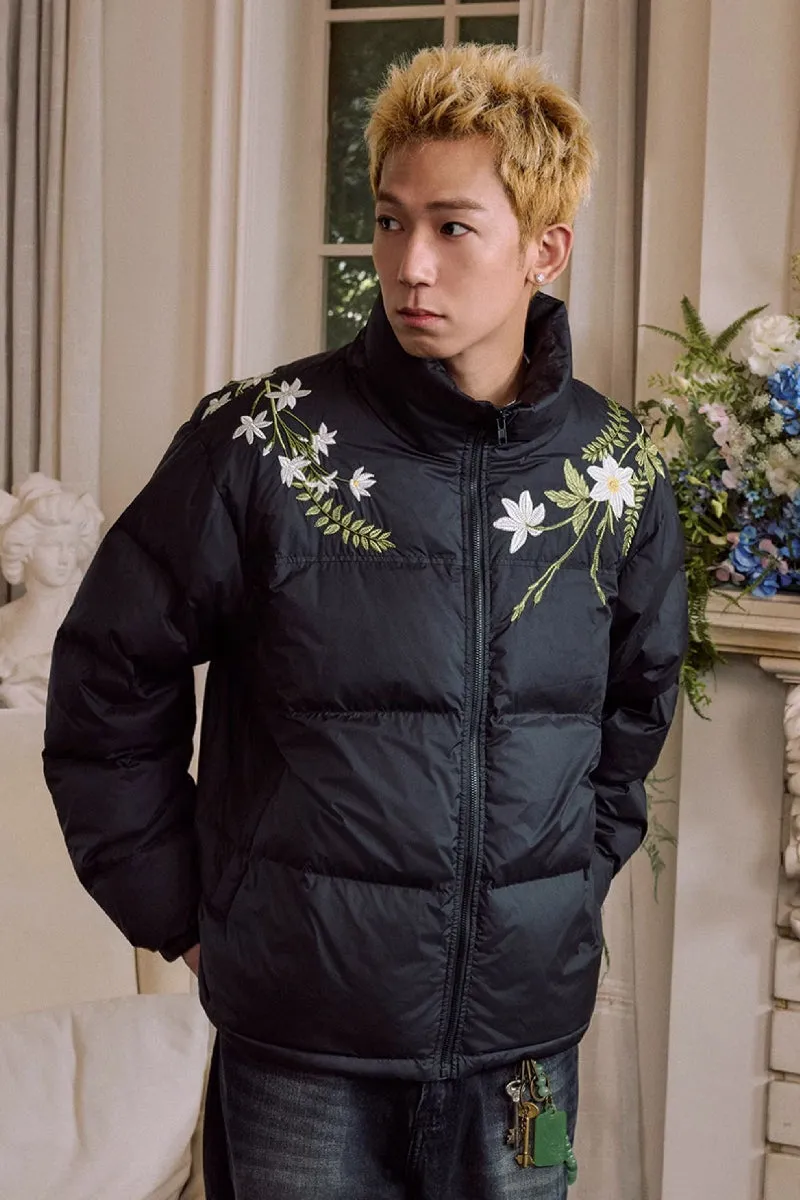 White Floral Embroidered Puffer Jacket