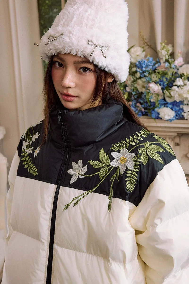 White Floral Embroidered Puffer Jacket