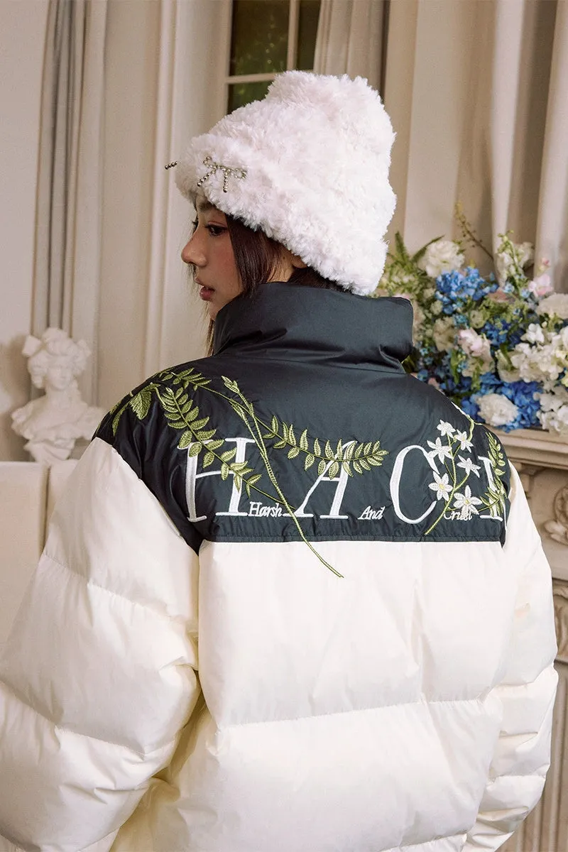 White Floral Embroidered Puffer Jacket