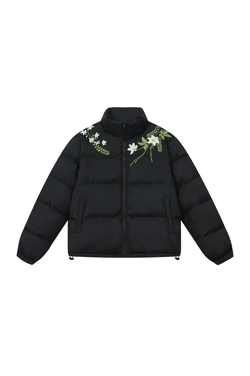 White Floral Embroidered Puffer Jacket