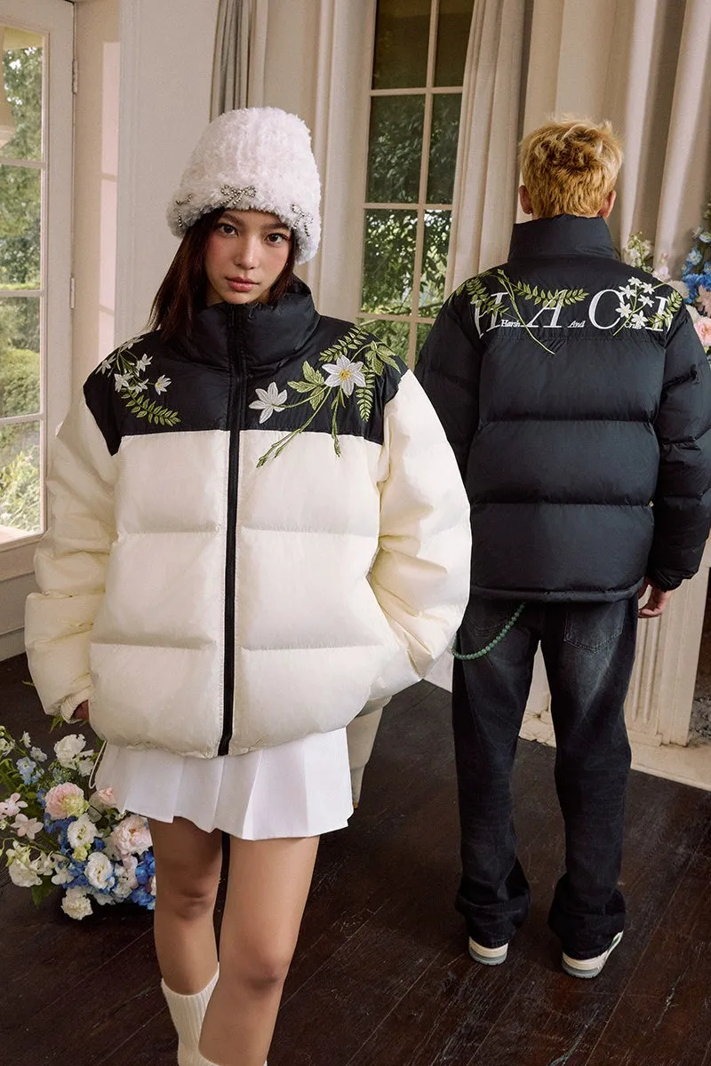 White Floral Embroidered Puffer Jacket