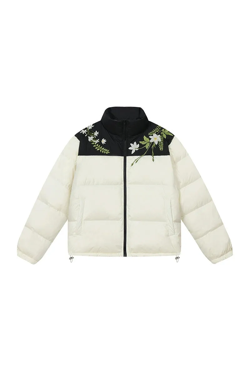 White Floral Embroidered Puffer Jacket