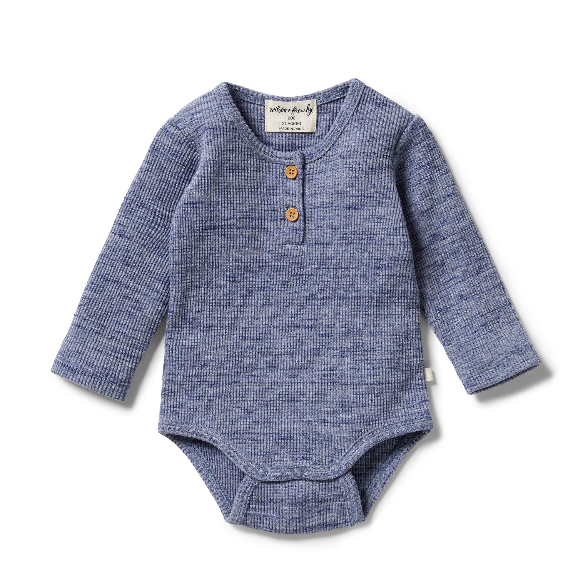 Wilson & Frenchy Blue Fleck Organic Waffle Henley Bodysuit