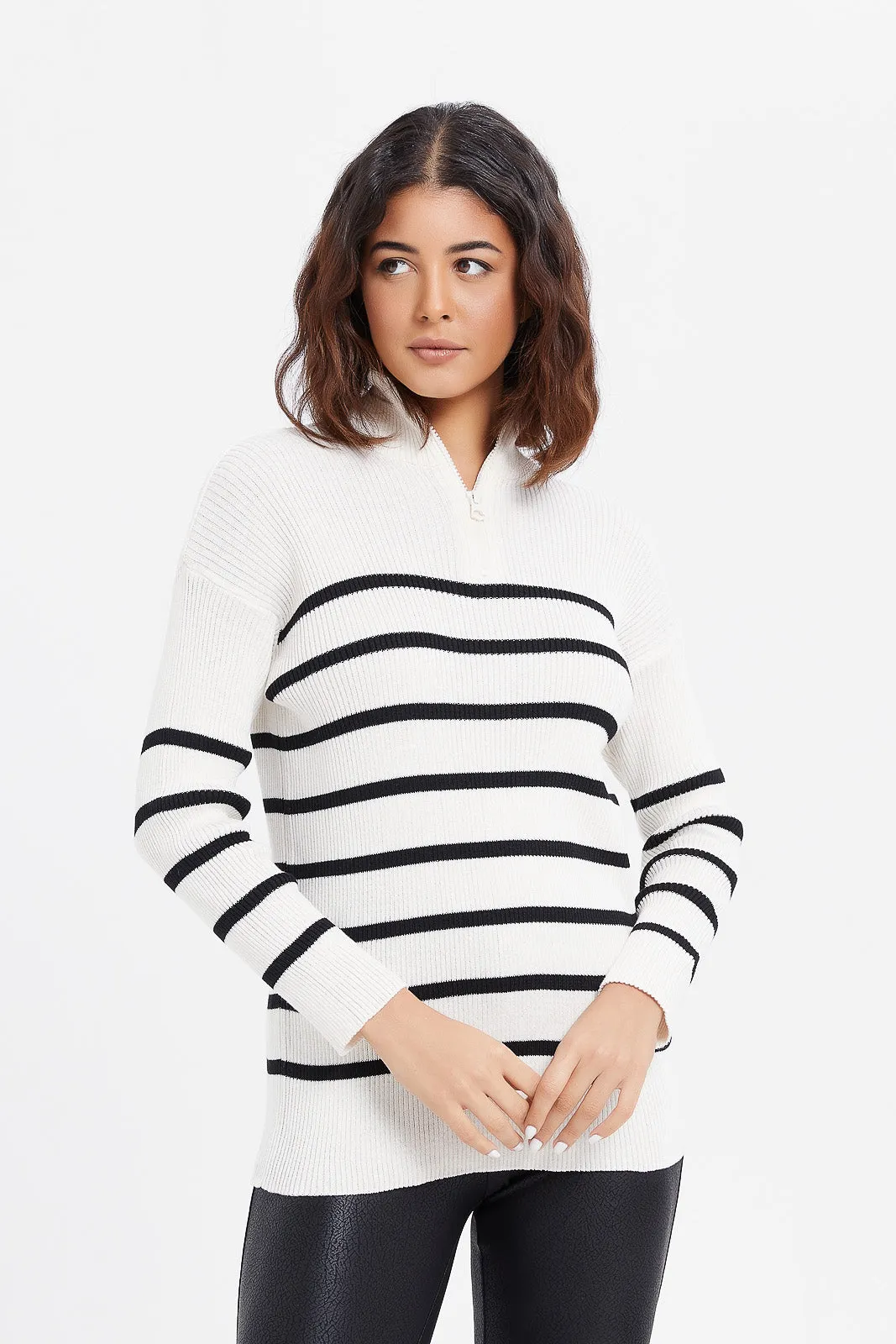 Women Black White Striped Sweater