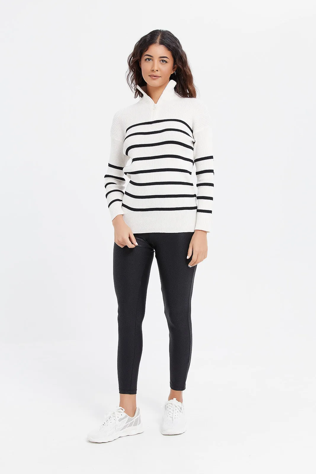 Women Black White Striped Sweater